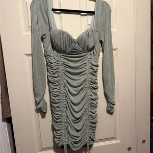 Ruched Sage Green Long Sleeve Bodycon Dress